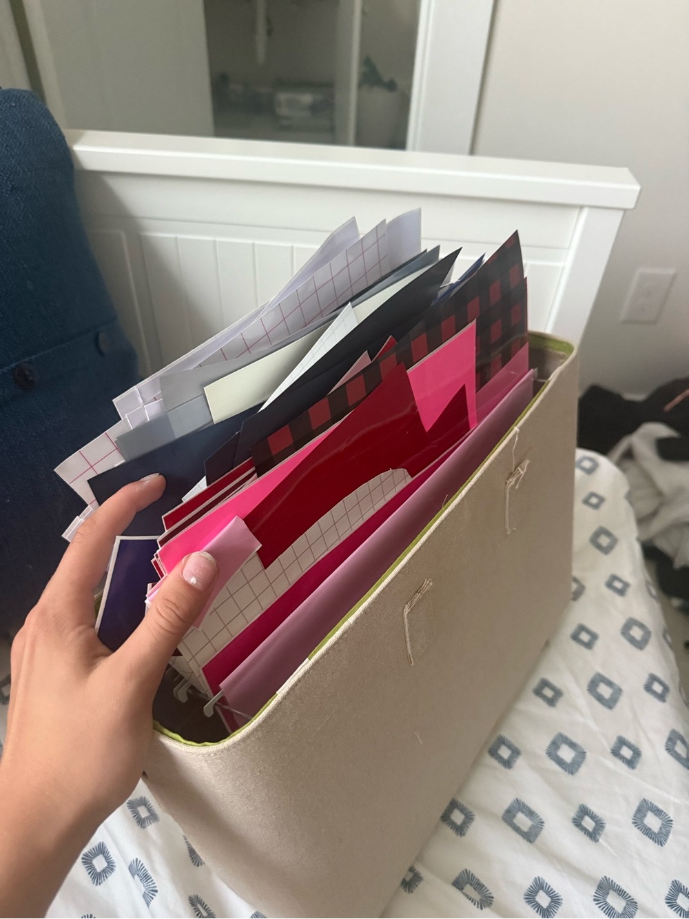 Neutral Fabric Storage Bin with Pink and Red Accents - Stylish Desk Organizer